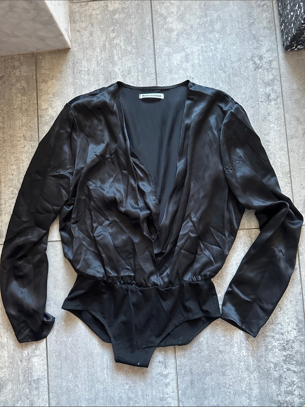 Reformation Satin Deep-V Long Sleeve Black Bodysuit